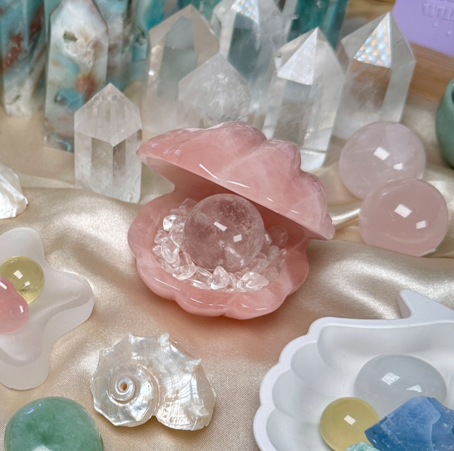 Rosenquarz Muschel mit Bergkristall Perle Candy Crystal Rohstein Trommelstein Mischung für Kinder zum Spielen und Sammeln Konfetti Heilsteine Kristalle Edelsteine